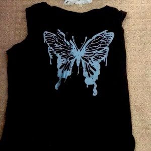 Black tang top blue drippy butterfly